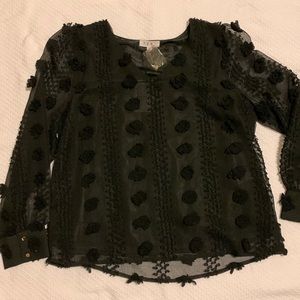 THML Black Embroidered Pom Pom V neck Top